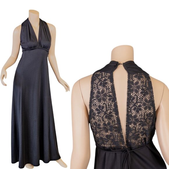 Vintage 1970s Black Halter Maxi Dress with Lace Back * Medium - Picture 1 of 14